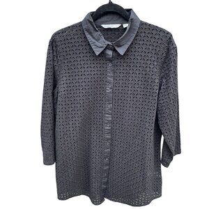 Isaac Mizrahi Black Eyelet Embroidered Sheer Boho Button-Up Long Sleeve Shirt L